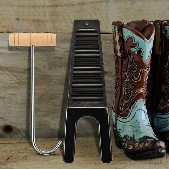 Cunhill 3 Pcs Boot Hook and Jack Set, Long Handle Cowboy Boot Puller, Stainless Steel & Wood, No Bending Required, For Seniors, Disabled, Pregnant Women, Men & Women