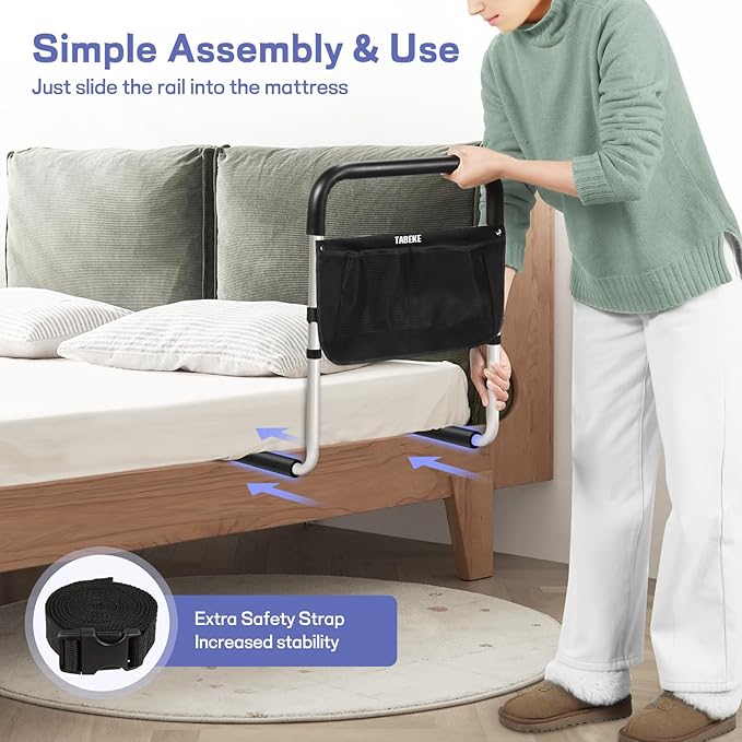 Bed Rails for Elderly Adults, Adjustable Bed Assist Rails for Seniors, Portable Bed Support Bar Mobility Assistant with Foam Handle & Double Side Storage Bag Fits King, Queen, Full, Twin Bed