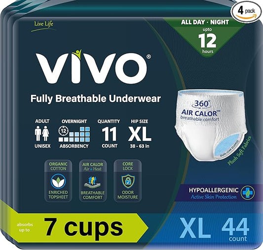 VIVO Organic Cotton Sensitive Skin Overnight Adult Incontinence Pullup Underwear, Women & Men, X-Large 44 Count