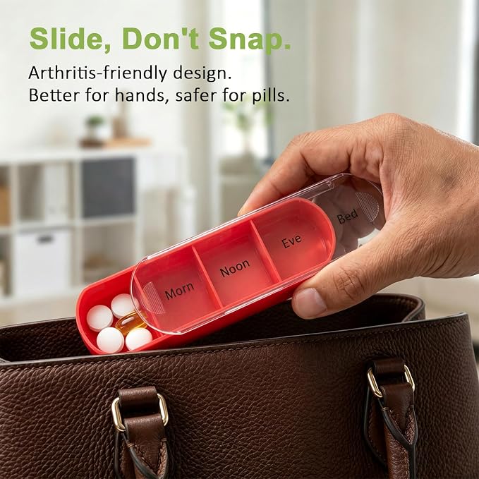 Travel Pill Organizer 4 Times a Day Small Pill Container Purse Pill Case Daily Pill Box Am Pm Pill Holder 7 Day Weekly Pill Reminder Pill Sorter Pocket Vitamin Stackable 4 Compartment Caddy