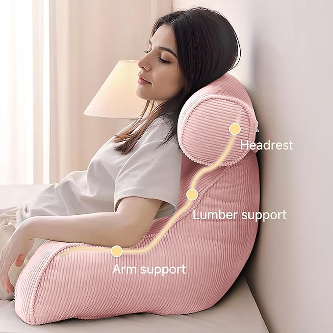 Reading Pillow for Sitting in Bed Adult & Teens, Large Backrest Pillow with Detachable Neck Support Cushion, Designed for Bed and Couch Sitting Up with Arms and Side Pocket.(Pink)