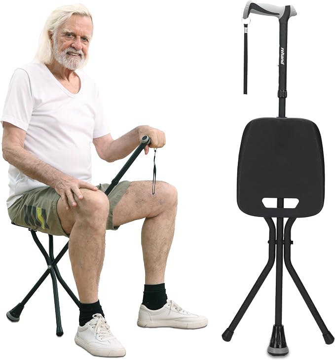 REHAND Walking Cane with Seat,Lightweight Foldable, Adjustable, Collapsible Canes with Stool for Men & Women, Heavy Duty All Terrain Tip, Portable Walking Stick Chair for Seniors & Adults