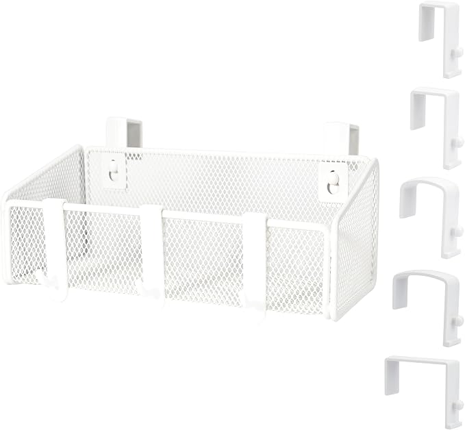 JDYOOMI Bedside Caddy Shelf Hanging Storage Basket for Bunk Bed and Office Cubical Walls,Baby Bed Rails,College Dorm Bed Organizer - 5 Pairs Sized Hooks-for Phone Glass Magazine Decor (White)