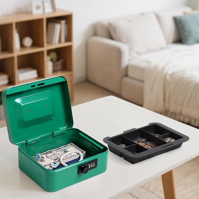 Jssmst Medium Cash Box with Combination Lock - Durable Metal Cash Box with Money Tray Green,7.87 x 6.3 x 3.35 inches