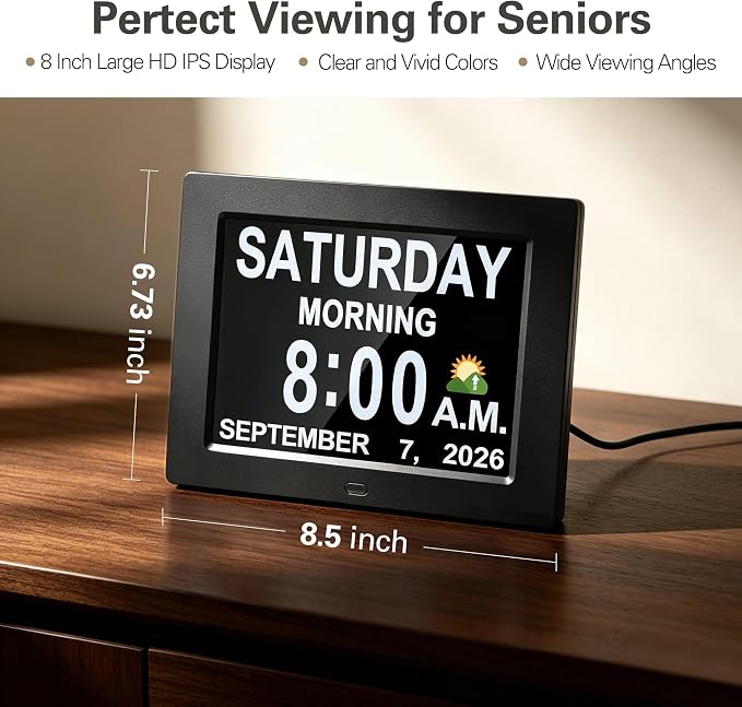 JALL 8" Large Digital Calendar Day Clock for Seniors 2026 - Easy to Read Alzheimer's Dementia Memory Loss Clock for Elderly with IPS Wide Angle，Day & Date, 12 Custom Alarms & Auto-Dimming, Black