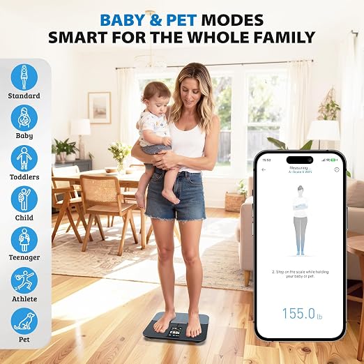 ABLEGRID Smart WiFi Digital Bathroom Scale for Body Weight, Auto-Rotating TFT Display Body Fat Scale with BMI Muscle Mass, 500lb High Capacity, 11.8" Platform, 20 Accurate Body Compositions via App