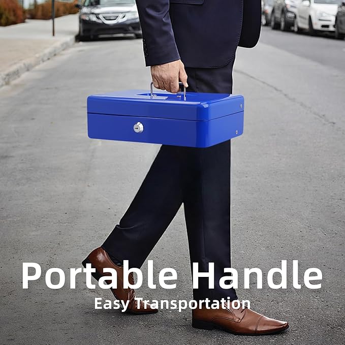 Cash Box with Lock Key and Money Tray - Large Money Box for Cash Register, Metal Lock Box for Money Safe 11.8" x 9.4" x 3.54" Blue
