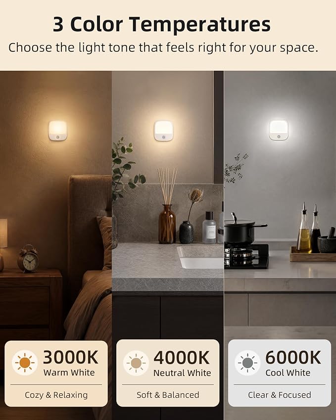 EZVALO Rechargeable Motion Sensor Night Lights, 2 Pack Magnetic Stick-On LED Lights with 3 Color Temperatures, Adjustable & Memory, Cordless Night Light for Closet, Bedroom, Hallway, Stairs, Bathroom