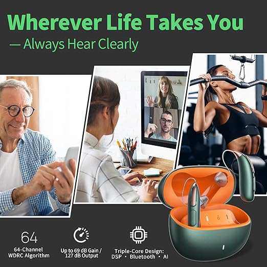 RIC PRO Rechargeable Hearing Aids for Seniors, Clear Sound with AI Noise Reduction, Bluetooth Connectivity, Comfortable RIC Design, All‑Day Battery