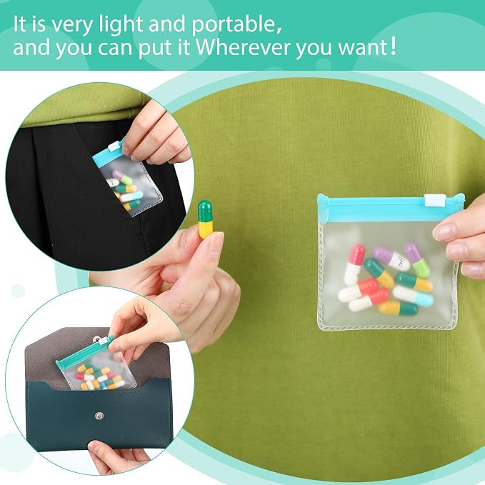 Sherr 35 Pcs Pill Pouch Bags with Zipper Pill Pouch Set Travel Reusable Translucent Medicine Organizer Self Sealing Plastic Bag with Slide Lock for Storage(Dark Green,3 x 3 Inch,Blank Style)