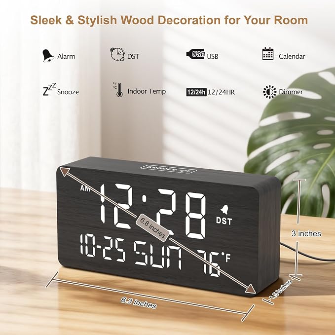 DreamSky Wooden Digital Alarm Clocks for Bedrooms with Date & Day of Week | Living Room Desk Clock, Temperature, USB Port, Dimmer Wheel, Adjustable Volume, Auto DST, Office Wood Decor (Plug-in)