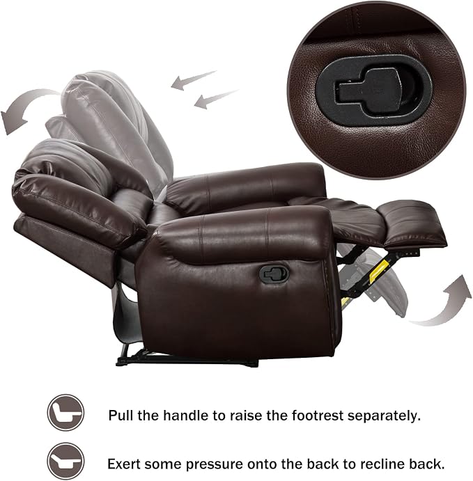 Leather Recliner Chair, Classic and Traditional Manual Recliner Chair with Comfortable Arms and Back Single Sofa for Living Room, Brown