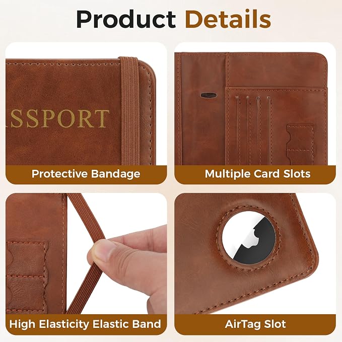 Passport Holder Travel Women Men, Passport Wallet with Airtag Slot, Brown | RFID Blocking PU Leather Passport Holder Cover Case with Card Holder, Pen Slot