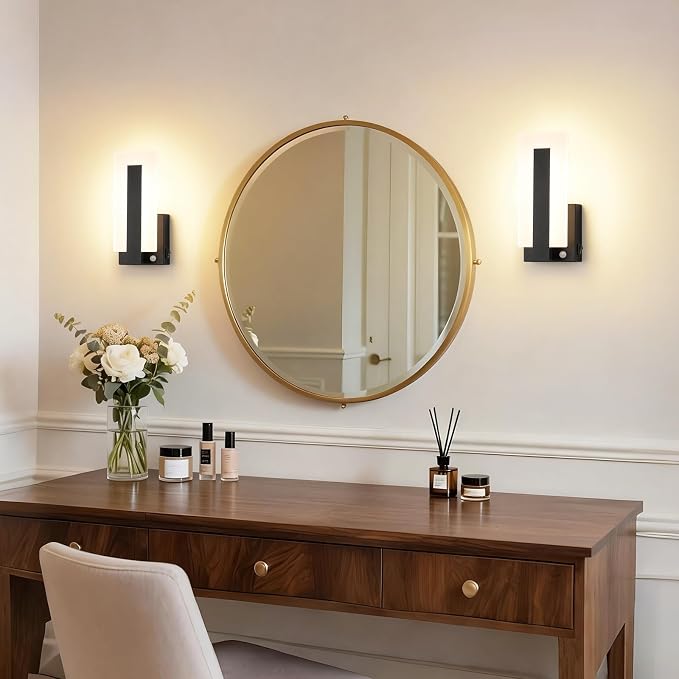 Joosenhouse Wall Sconces Set of Two Hardwired, Motion Sensor Wall Lights for Bedroom Living Room Hallway, TRIAC Dimmable 3000K Warm White, Modern Black Metal Acrylic Wall Lamp Fixtures