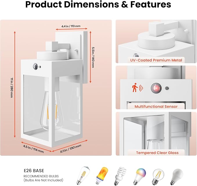 Gleamz 2-Pack Motion Sensor Outdoor Light Fixtures Wall Mount, Waterproof | Modern White Dusk to Dawn Exterior Wall Lantern for House Front Porch, Waterproof Outdoor Sconce Lights for Garage, Coach