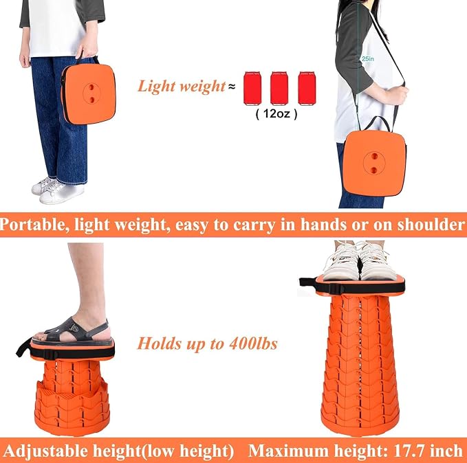 Fishboy Upgraded Collapsible Stool, 400lbs Max Weight, Lightweight But Sturdy, Portable Retractable Folding Telescoping Foldable Camping Stool for Adults Outdoor Fishing Hiking BBQ