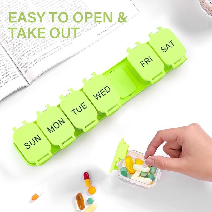 Extra Large Weekly Pill Organizer - Waterproof 7-Day Pill Box, Portable Vitamin & Supplement Case, Easy to Open Design, Ideal for Travel a nd Daily Medication Management (Green)