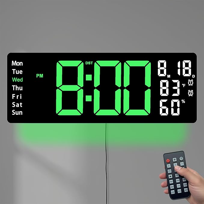 17.5 Inch Green LED Digital Wall Clock with 8 Ambient Light Colors｜Displays Time,Date,Day,Temperature&Humidity,Dual Alarms,Countdown&Stopwatch,DST,10-Level Auto/Manual Brightness｜Modern Silent Clock