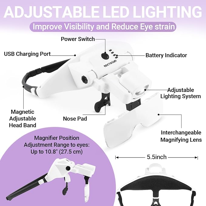 Magnifying Glasses with Light, 1.0X-4.0X Headset Magnifying Glass 6 Lenses | Rechargeable, 3 Light Colors, Magnetic Headband, Head Magnifying Visor for Crafts Sewing Jewelry