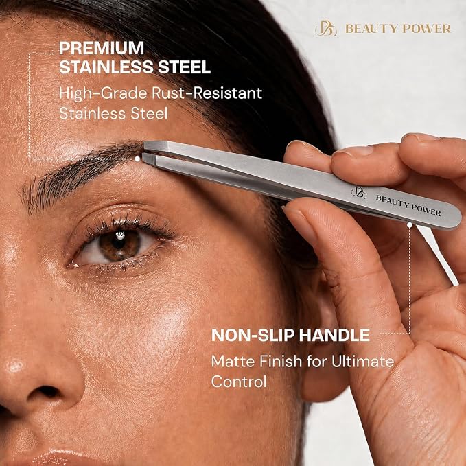 Beauty Power Slant Tip Precision Tweezers - Stainless Steel Eyebrow Tweezers for Women & Men - Precision Tweezers for Facial Hair, Ingrown Hair & Brow Shaping - Professional Beauty Tool (Gray)