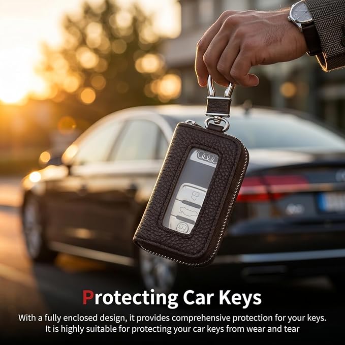 1PC Car Key Fob Case, Leather Car Key Holder for Purse, Automotive Smart Key fob Holder with Hook, for Remote Key Fob