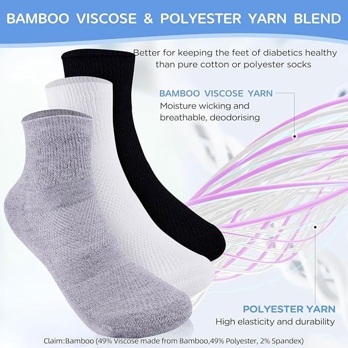 Bulinlulu Bamboo Viscose Diabetic Socks, 6 Pairs Non Binding Ankle Socks, Reinforced Toe, Size 6-9/9-11/13-15