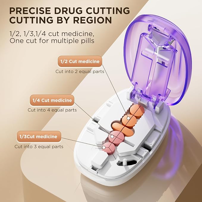 Pill Cutter Splitter for Small and Tiny Pills, 1/2 1/4 Pill Splitter for Small Pills,Tablets in Half or Quarters, Accurate and Easy Cutting, Stainless Steel Blade, Back Storage (Purple)