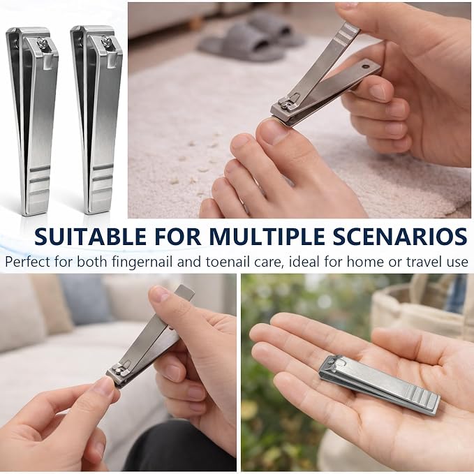 Silver Heavy-Duty Straight-Edge Nail Trimmer – 2 PCS Professional Stainless Steel Wide-Jaw Toenail & Fingernail Clippers for Thick Nails