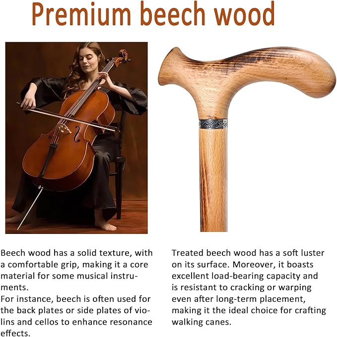 Wooden Walking Cane with 5 Height for Men and Women, Handmade Wood Cane with Comfort Grip Handle, Supportive Mobility Aid for Seniors, Fashionable & Classic Lightweight Stick