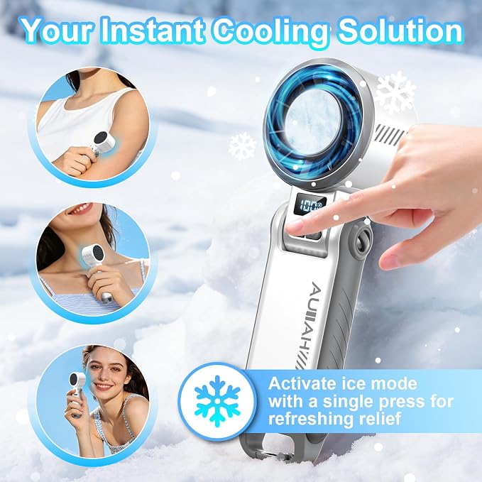 Portable Handheld Turbo Fan - [With Ice Cooling] 100 Speed Mini Personal Fan with Strong Airflow,Foldable 3 in 1 Rechargeable Hand Fans for Travel/Outdoor/Camping/Home/Office, White