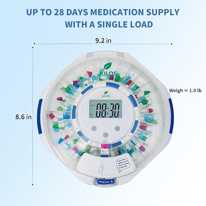 JULOS 28-Day Automatic Pill Dispenser with Alarm for Chronic & Alzheimer’s Care, Locked Medication Organizer w/Easy-Read LCD Display, Sound & Light & Alerts for Medication, Vitamins & More, Clear Lid | Sound/Light Alarms - Up to 6 Daily Doses, Easy-Rea...