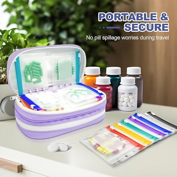 Timueetech XXL A6 Pill Organizer, 28 BPA-Free Medication Pouches for A6 Binders, Large Monthly Waterproof Storage System with Double-Compartment Travel Case, Purple