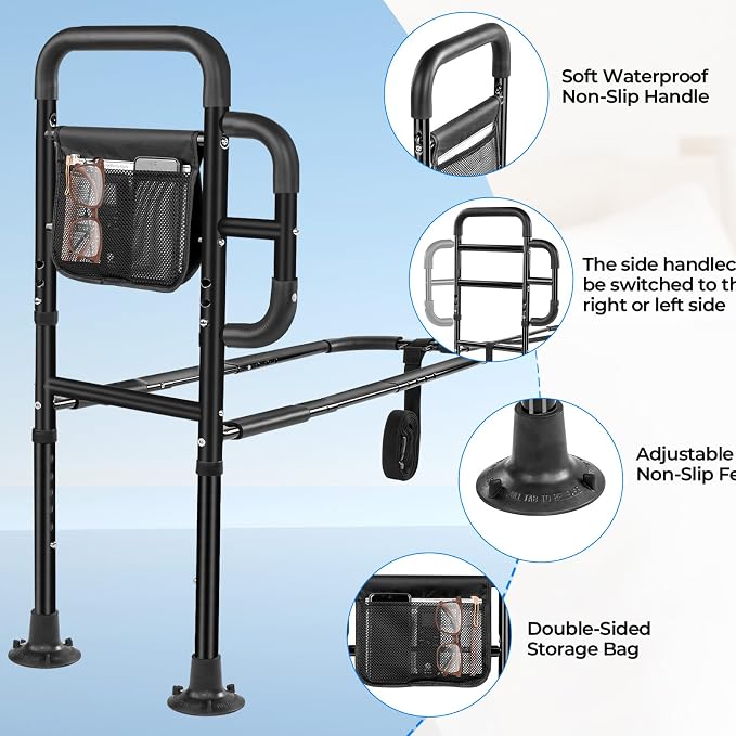 Bed Rails for Elderly Adults Safety, ASTM Tested 400 LBS Bed Assist Rail with Side Assist Handle, Ergonomic Foam Grip, Bed Cane for Seniors, Adjustable Height Thickened Carbon Steel Frame (Black)