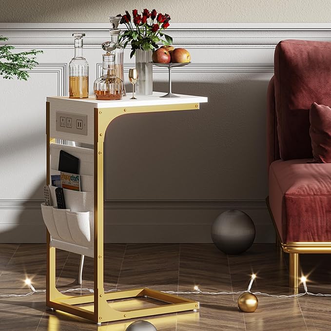 TUTOTAK C Shaped End Table with Charging Station, Side Table for Sofa | Couch Table with Storage Bag, TV Tray with 2 USB Ports and Outlets, Set of 2, Living Room and Bedroom, TB01BWG0242