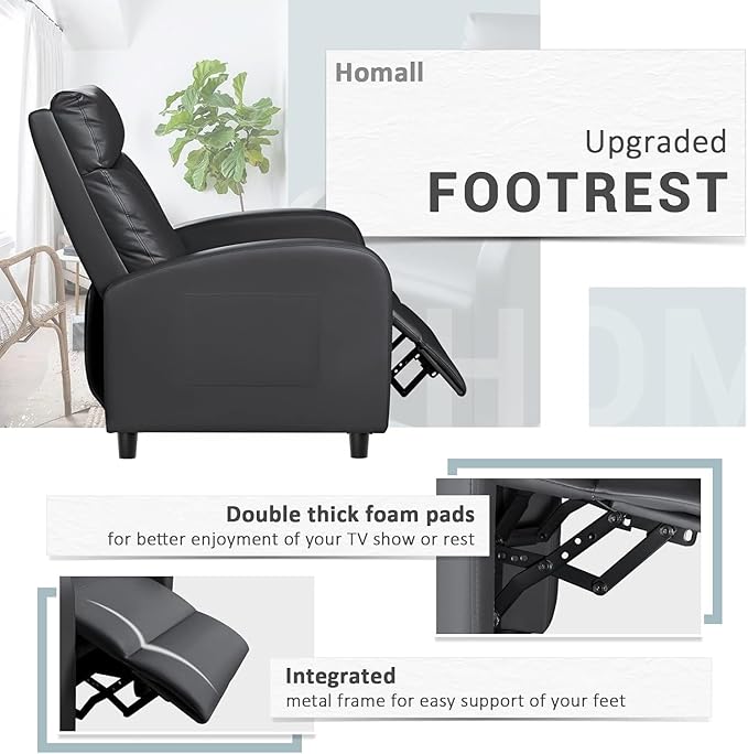 Homall Recliner Chair, Recliner Sofa PU Leather for Adults, Black Recliners | Home Theater Seating with Lumbar Support, Reclining Sofa Chair for Living Room