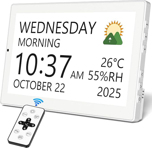 10.1" Digital Clock with Date and Day for Elderly, Remote Control Digital Calendar with 12 Themes & 9 Colors, AutoDST, 23 Preset Schedules & Customizable, Auto Dimming, Indoor Temperature, Humidity