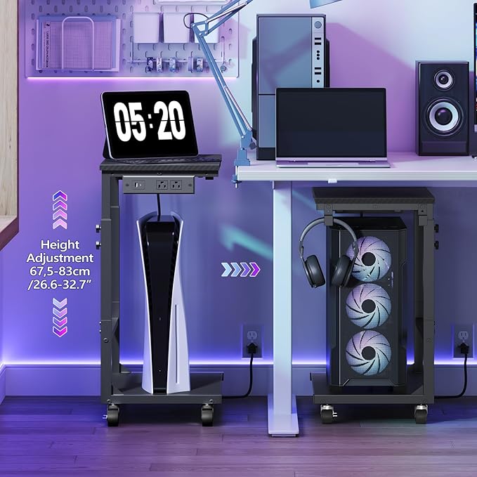 Computer Tower Stand with Power Outlet, Mobile PC Stand for Floor, Height Adjustable PC Holder Cart Under Desk, 26.6"-32.7" H, for Home Office, Gaming Room, Black PCHS215E01