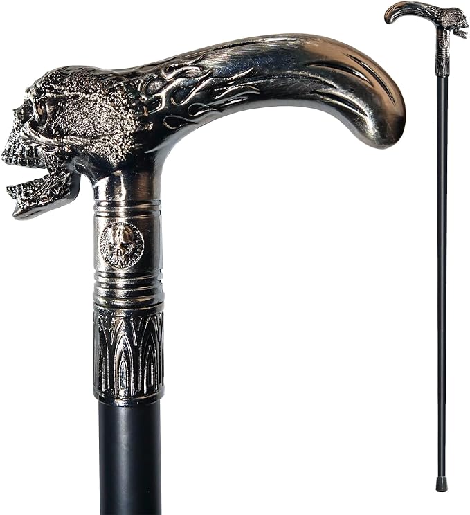 Walking Cane for Men & Women & Seniors - 36.5 Inch Heavy Duty 500+ lbs Capacity, Skull Ergonomic Handle, Decorative & Ornate Design, Gothic & Goth Elegant Black & Silver Artistry, Metal Cane