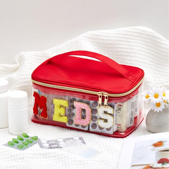 Geetery Chenille Letter Bag, Meds Cheer Travel Cases Cheerleader Gifts Cosmetic Bag Nylon Makeup Portable Preppy Patch with Zipper Toiletry Storage Case for Women(Red,Meds)
