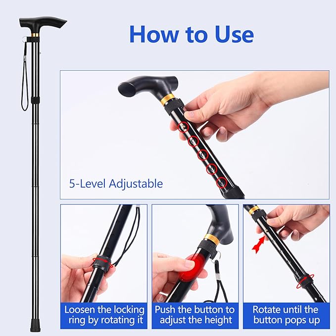 Walking Cane, Folding Cane for Man & Women, Portable Lightweight | 5-Level Adjustable Height, Collapsible Cane for Seniors Balancing Mobility Aid