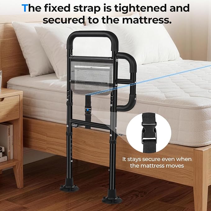 Bed Rails for Elderly Adults Safety, ASTM Tested 400 LBS Bed Assist Rail with Side Assist Handle, Ergonomic Foam Grip, Bed Cane for Seniors, Adjustable Height Thickened Carbon Steel Frame (Black)