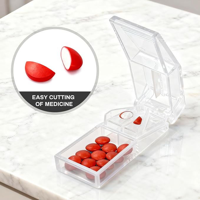 Ultrassist Pill Cutter and Splitter for Cutting Small or Large Pills, Accurate Medicine Splitter with Stainless Steel Blade, Transparent Vitamins Slicer Assorted Colors