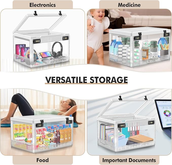 Extra Large Lock Box for Medication Safe, Medicine Lockable Storage Box with Code, Phone Lock Boxes for Video Games, Box with Combination Lock for Snacks/Food, Locking Cabinet for Home/Office (Clear)