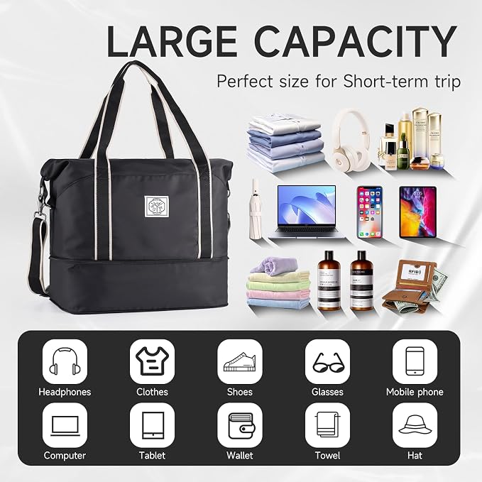 WALNEW Travel Duffel Bag, Weekender Overnight Carry On Bag for Women Men, Foldable Waterproof Gym Luggage with Metal Buckle Detachable Shoulder Strap and Wet Compartment (Black)