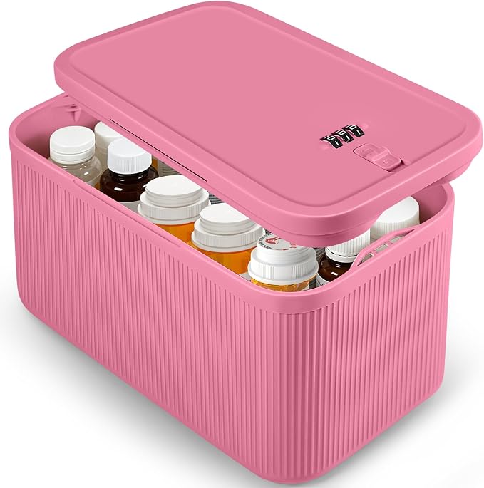 Medicine Lock Box with Code,Taller Size Small Lock Box with Combination Code for Medication Safe,Lock Box for Pills/First Aid Kits/Snack/Ipad Mini,Locked Container for Home/Office 9.4X5.5X5.7inch Pink