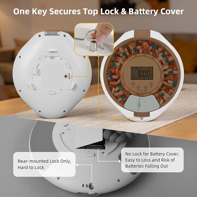 Locked Bluetooth Pill Dispenser for Caregivers App Track Adherence History | Top Lock & Ergonomic Flip Lid Friendly for Seniors, 28-Day Organizer with 9 Custom Alarms & Clear LCD, Sound-Light Reminders