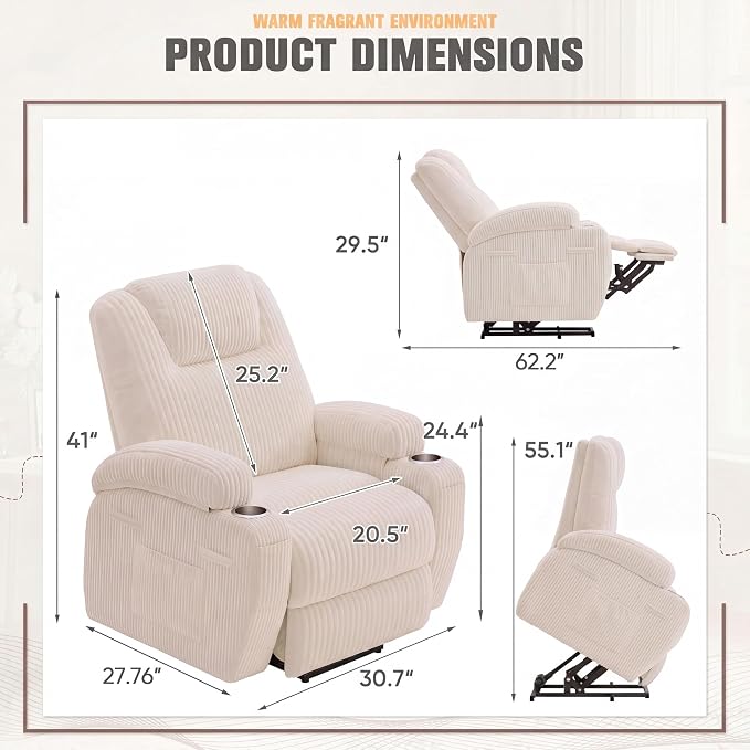 Flamaker Power Lift Recliner Chair Electric Lift Recliner for Elderly | Power Lift Recliner Chair with Cup Holders Side Pockets for Living Room (Corduroy, Beige)