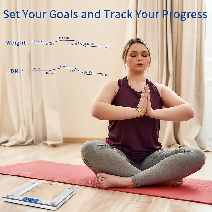 Vitafit 550lb Digital Bathroom Scale for Body Weight and BMI Via Smart APP, High Accuracy Assured by Weighing Professional Since 2001, 8mm Tempered Glass, Extra Large Blue Backlit LCD, Silver