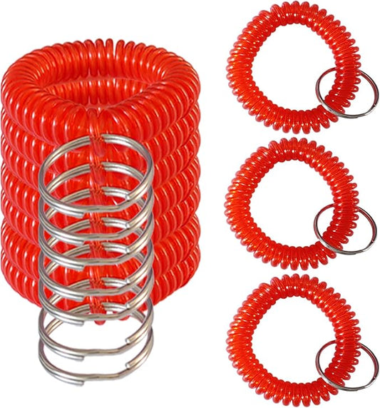 10 Pieces Wrist Coil Keychain Spiral Key Ring, Clear Red | Wristband Bracelet Key Holder for Pool Gym ID Badge