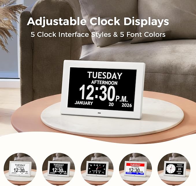 10.1'' Digital Clock With Date And Time, Large Display Dementia Alarm Clock | 1280*800P HD, Easy to See Date Time Day of Week, Reminders & Alarms, Auto DST, Gifts for Alzheimer Dementia Elderly, White